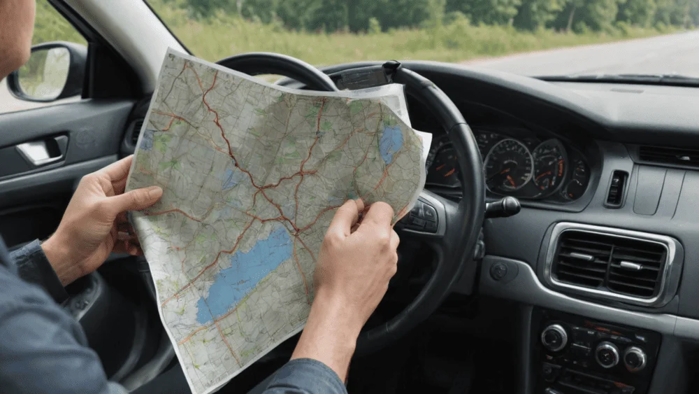 Un conductor sostiene un mapa de carreteras dentro de su automóvil, planificando su ruta. El volante y el tablero del vehículo son visibles.