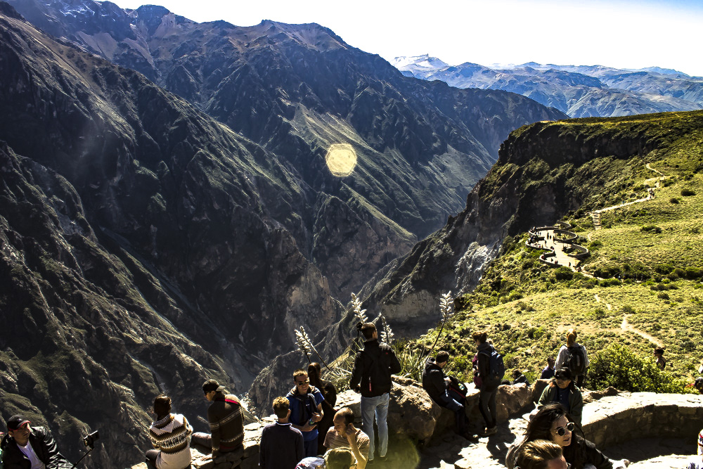 Panoramic view of the Colca Canyon with deep valleys and dramatic landscapes.