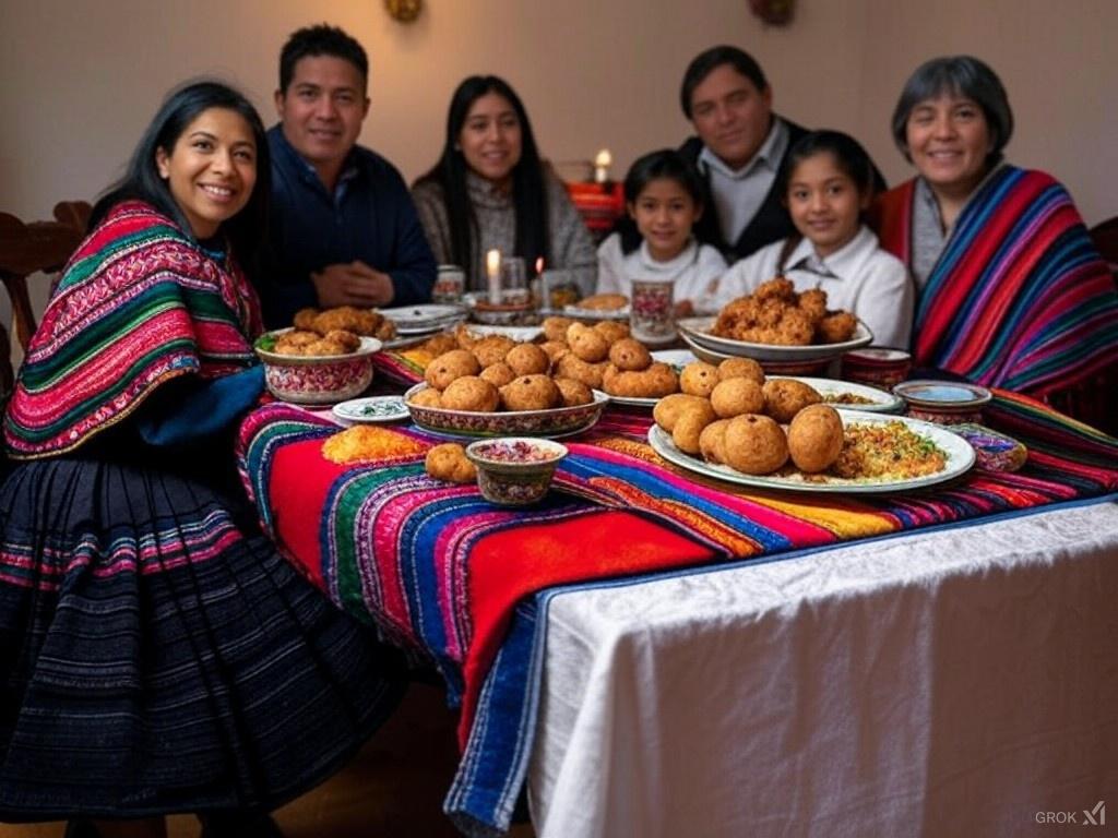 A traditional Peruvian table set for All Saints' Day, featuring Tanta Wawas and roasted pork. A family enjoys the meal surrounded by colorful Andean decorations. 